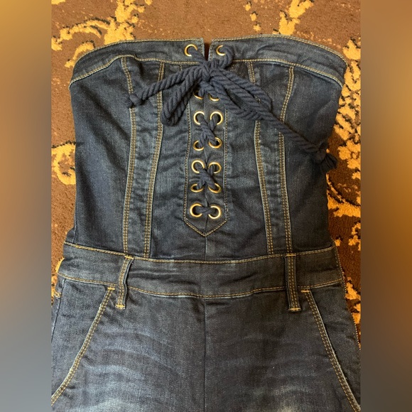 Bebe Lace-up Distressed Denim Strapless Jumpsuit - Picture 7 of 12